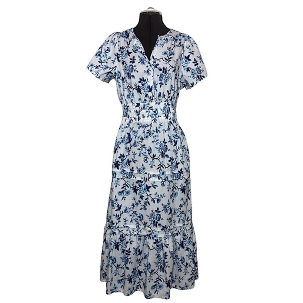 French Connection Cotton White Blue‎ Floral Smoke Waist Pocket Maxi Dress S